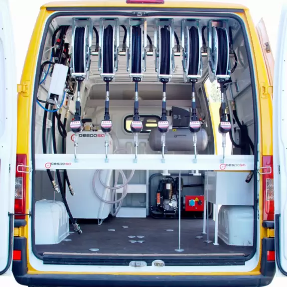 Mobile lubrication kit assembled in a van