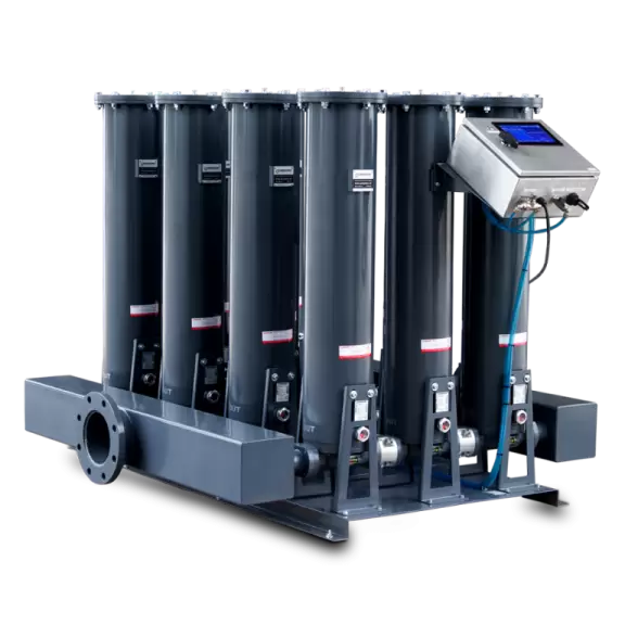 3-stage filtration at 2,000 lpm with particle counter at filter inlet and outlet